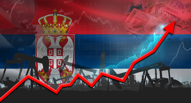 Oil pumps with Serbian flag. Oil production with Serbia flag, petrol industry
