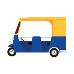 Iconic Thailand tuk tuk taxi in blue and yellow colors on white isolated background vector illustration