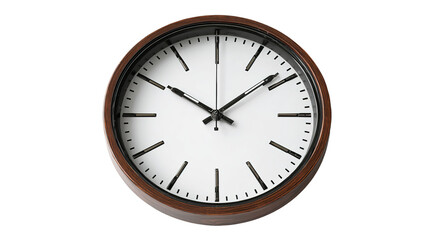 Classic roman numeral wall clock depicting time, wood finish on a white background signifying punctuality