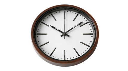 Classic roman numeral wall clock depicting time, wood finish on a white background signifying punctuality