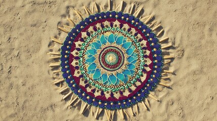 radial. Complex mandala pattern from colored sand, radial symmetry and vibrant colors. event programs, museum guides, designed for cultural heritage projects and event programs, supports education.