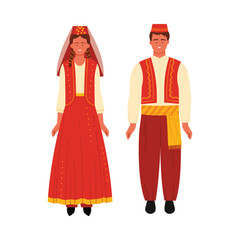 Man and woman wearing traditional Turkish folk clothing standing together on isolated white background vector illustration