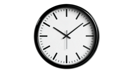 Classic roman numeral wall clock depicting time, wood finish on a white background signifying punctuality