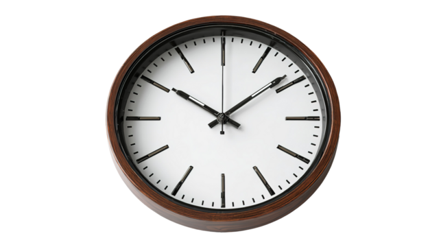 Classic roman numeral wall clock depicting time, wood finish on a white background signifying punctuality - Powered by Adobe