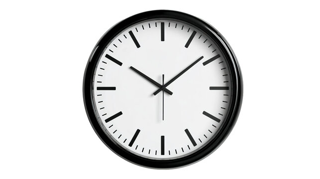 Classic roman numeral wall clock depicting time, wood finish on a white background signifying punctuality