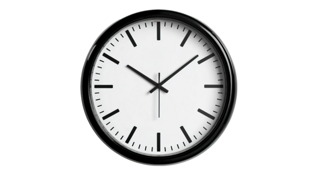 Classic roman numeral wall clock depicting time, wood finish on a white background signifying punctuality