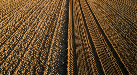Fototapeta premium Aerial View of Plowed Agricultural Field with Distinct Furrows and Textured Soil Under Warm Sunlight in Evening