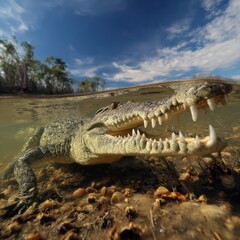 Obraz premium Green Crocodile Open Mouth in Murky Water Under Blue Sky