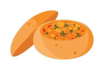 Traditional South African bunny chow bread bowl with curry filling isolated vector illustration