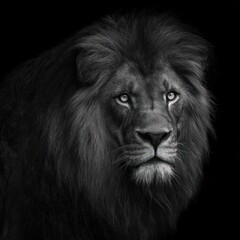 Majestic Lion Portrait in Dark Monochrome, Dramatic Animal Close-up