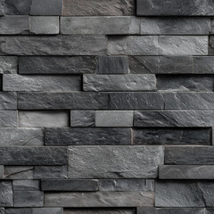 Seamless Dark Grey Stacked Slate Stone Wall Texture - Modern Natural Rock Cladding Background with Rectangular Tiles