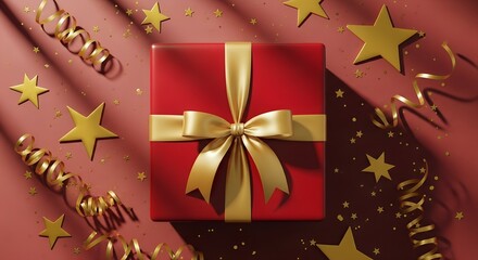 Elegant Red Gift Box with Golden Ribbon and Stars