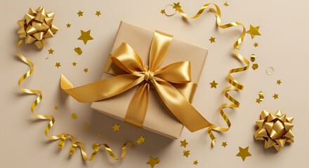 Elegant golden Gift Box with Golden Ribbon and Stars