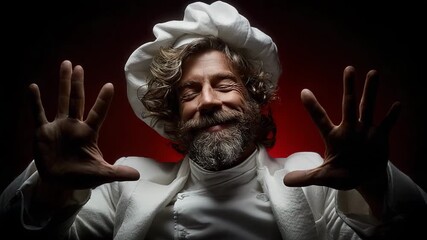 A portrait of a charismatic chef savoring the aroma of his dish. His eyes are closed, his expression blissful, his hands in front of him.