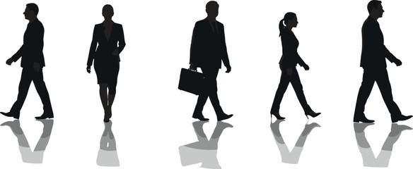Silhouettes of Business Professionals Walking with Reflections on Glossy Surface for Corporate Motion and Career Concept Design