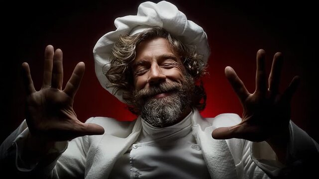 A portrait of a charismatic chef savoring the aroma of his dish. His eyes are closed, his expression blissful, his hands in front of him.