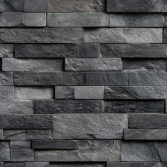 Dark Grey Stacked Slate Stone Wall Texture - Modern Natural Rock Cladding Background with Rectangular Tiles
