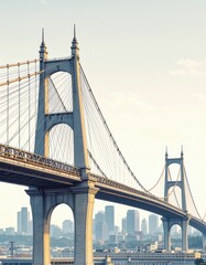 Fototapeta premium Majestic bridge with city skyline in the background during sunset