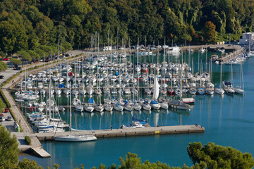 Marina in Sistiana Bay, on the coast of Trieste, Italy, Northern Adriatic sea.