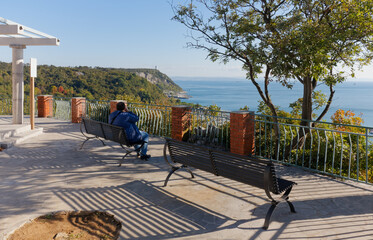 View on Trieste coastline in Sistiana, Italy, on the northern Adriatic sea in early autumn, from a panoramic terrace