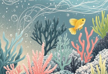 Naklejka premium Colorful underwater scene featuring a yellow fish swimming among vibrant corals