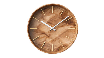 Classic roman numeral wall clock depicting time, wood finish on a white background