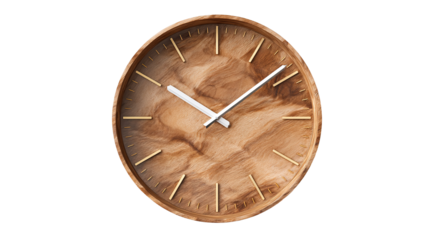 Classic roman numeral wall clock depicting time, wood finish on a white background