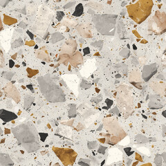 Luxury Terrazzo Seamless Pattern - Light Grey Background with Beige and Golden Brown Chips for Modern Design