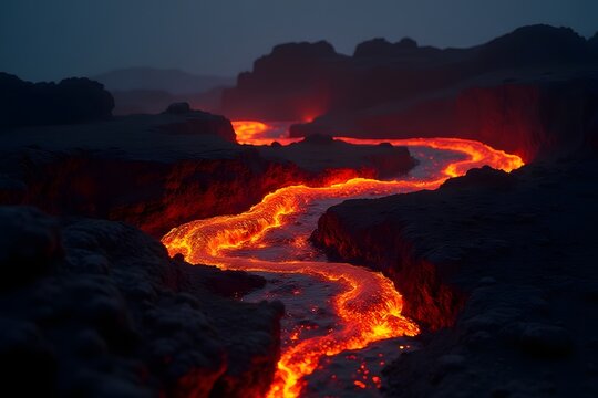 Lava flow glowing in the dark against black volcanic rock.