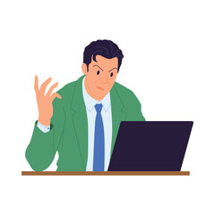 Frustrated man in green suit isolated at desk with laptop showing confusion vector illustration