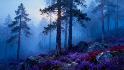 Fototapeta premium Misty forest at twilight with purple flowers and tall pine trees