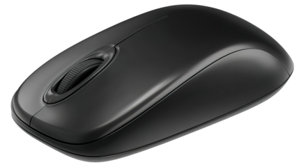  Wireless black computer mouse top view. Isolated png with transparency
