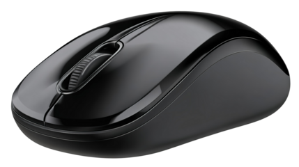 Black wireless computer mouse on a large black mouse white backgorund png