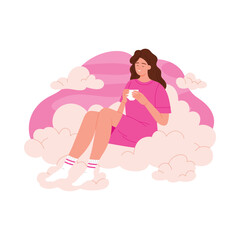 Isolated young woman enjoying coffee while sitting on dreamy pink clouds vector illustration