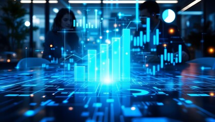 Business meeting with holographic charts projected in air