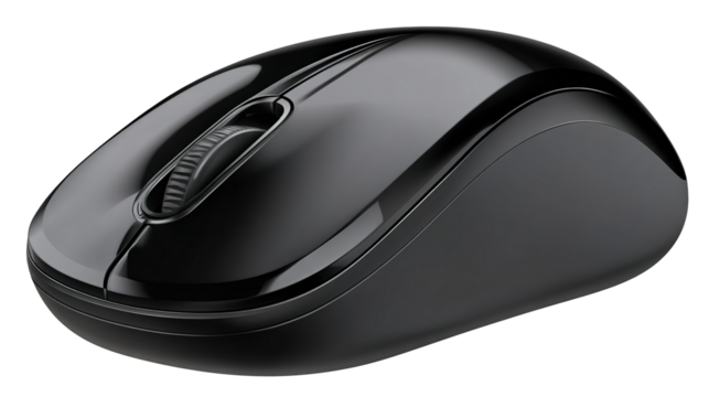Black wireless computer mouse on a large black mouse white backgorund png