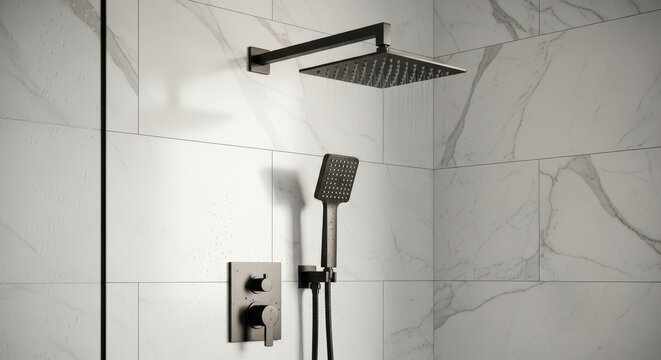 Modern minimalist bathroom with rainfall shower and white marble tiles