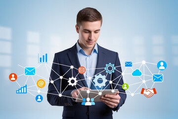 Business management and network technology. Businessperson using tablet computer. Network structure and business icons