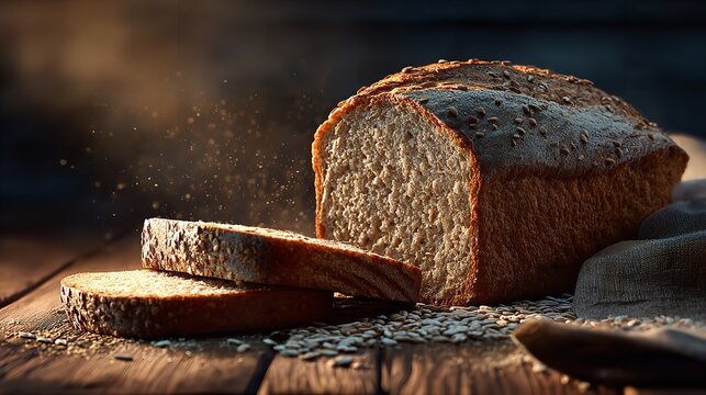 A rustic loaf of freshly baked whole wheat bread, sliced and presented on a wooden surface with scattered oats and a dusting of flour, bathed in warm, atmospheric light