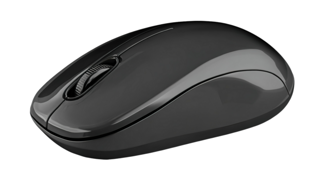 Black wireless computer mouse on a large black mouse white backgorund png