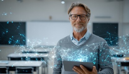 Confident mature man using digital tablet in modern classroom with digital network overlay