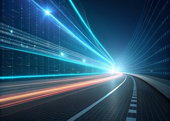 Experience the stunning speed of digital data transfer with vibrant light trails conveying innovation and technological advancement in a modern world