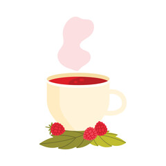 Steaming cup of raspberry tea with leaves and berries on white isolated background vector illustration