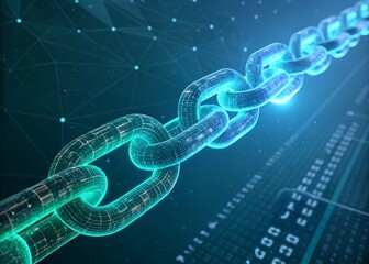 Blockchain technology with glowing chain links represents secure connections and digital transformation in a vibrant future of innovation and trust