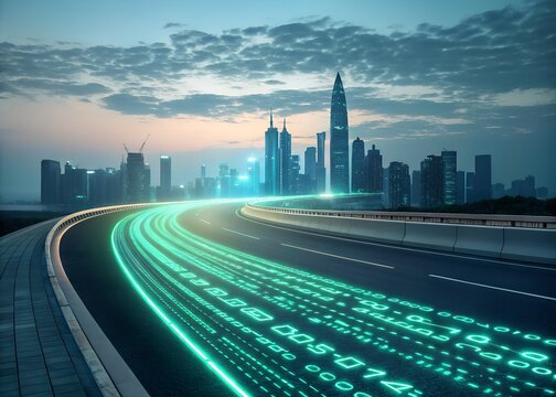 Futuristic cityscape with data stream on highway at dusk, showcasing technology innovation and modern urban development for cutting-edge concepts