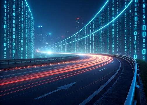 Experience the future with this dynamic cityscape, where digital data streams seamlessly connect with the vibrant pulse of urban life and fast transportation