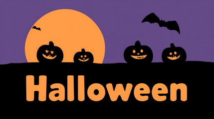 Fototapeta premium Minimal Halloween Illustration with Glowing Pumpkins on Dark Purple and Black Background – Poster Concept