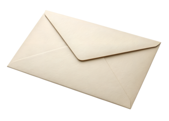 A single slightly textured cream colored paper envelope is shown at an angle isolated on transparent background
