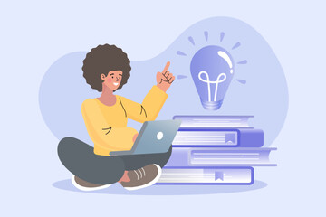 A person sits with a laptop and a stack of books, pointing to a lightbulb icon. This concept illustrates e-learning, new ideas, innovation, creative thinking, and educational solutions.