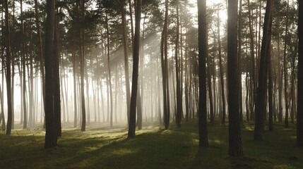 confinement. Atmospheric pine forest with morning mist and gentle light filtering through trees. travel magazines, destination branding, designed for outdoor magazines and nature guides.